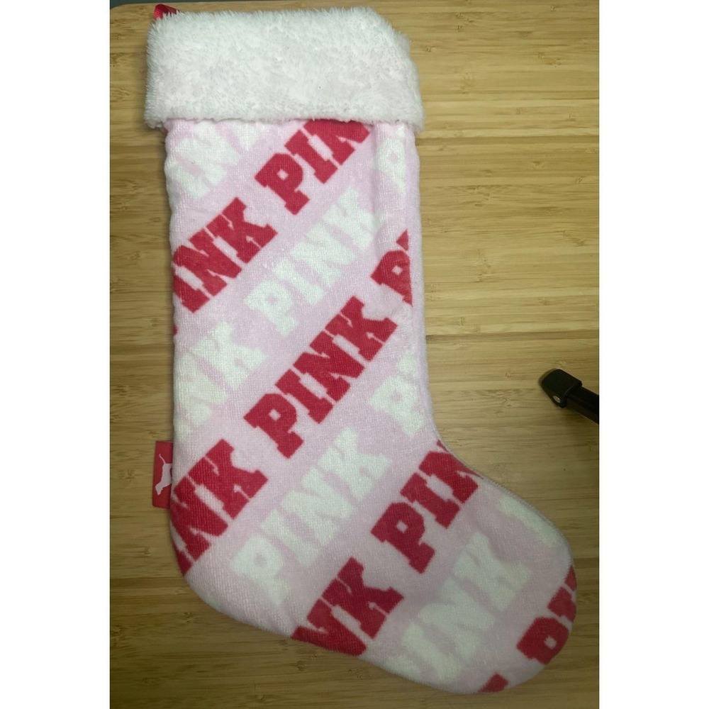 Victoria's Secret PINK Christmas Stocking Pink Red Logo Plush Faux Fur Trim
